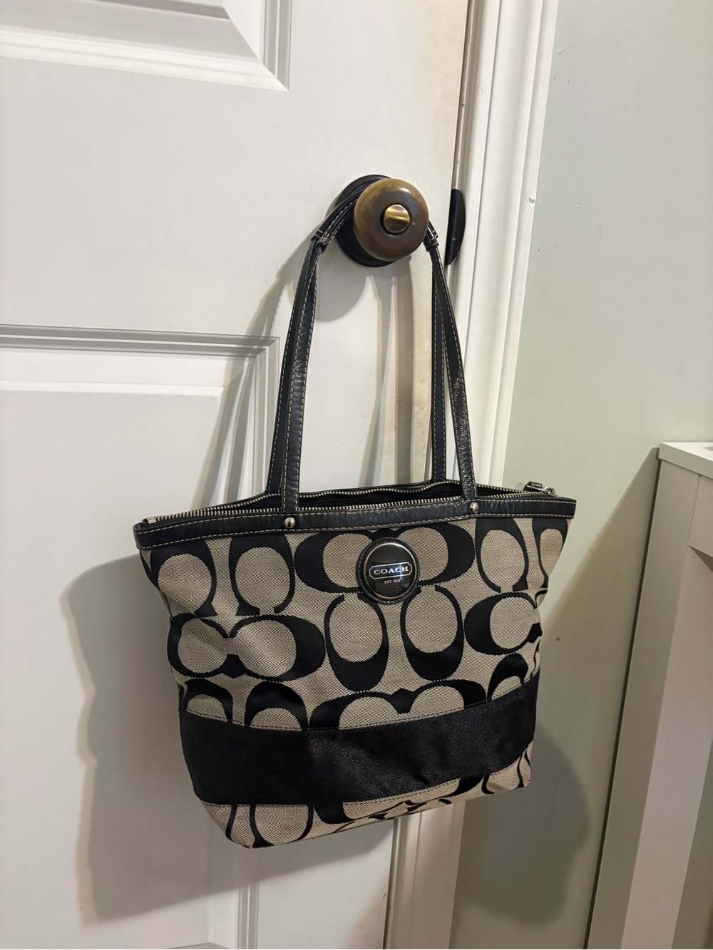 Coach Black and Beige Signature Tote with Leather Trim
